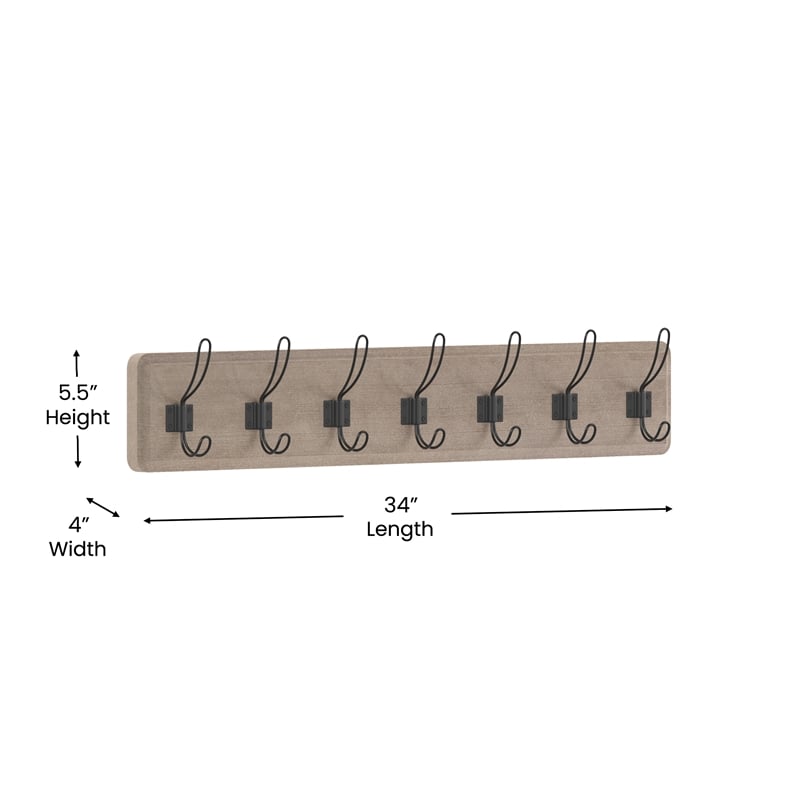 Pemberly Row Vintage Wall Mounted Storage Rack with 7 Hooks in Weathered Brown