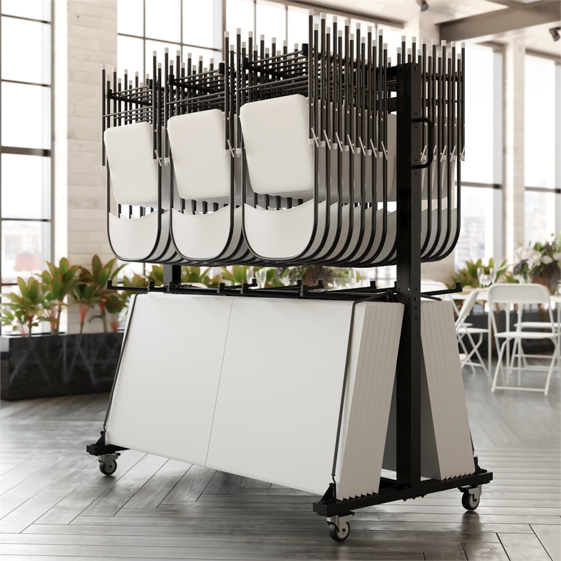 Pemberly Row Heavy Duty Small Mobile Chair and Table Cart in Black
