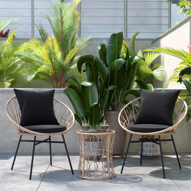 Pemberly Row Rattan Rope Bistro Set with Glass Top Table in Tan/Black
