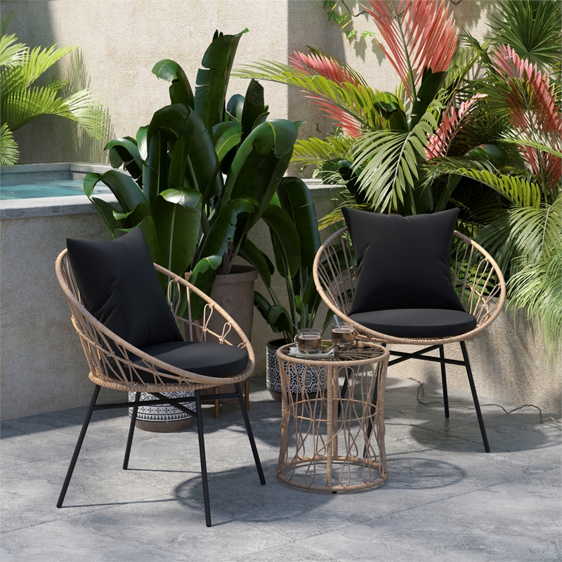 Pemberly Row Rattan Rope Bistro Set with Glass Top Table in Tan/Black