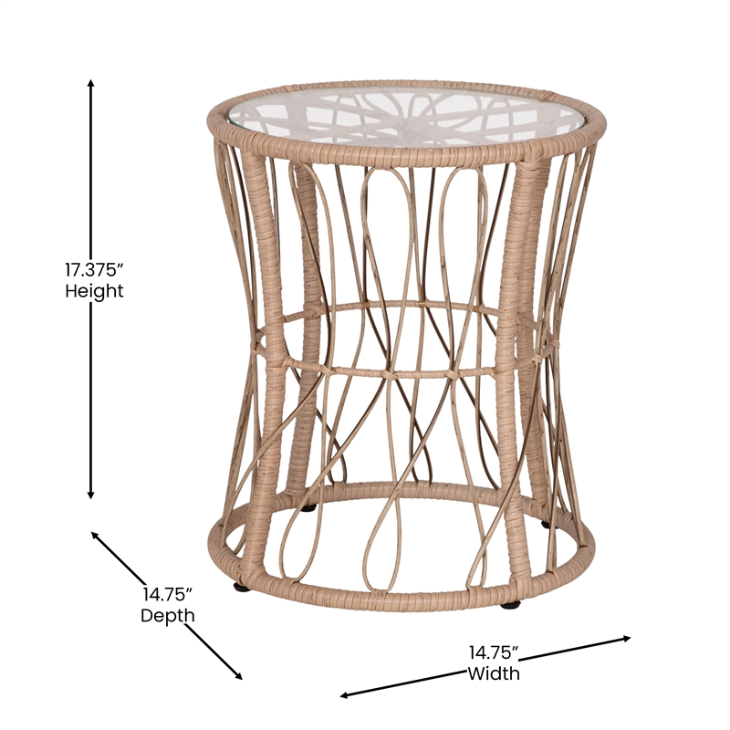 Pemberly Row Rattan Rope Bistro Set with Glass Top Table in Tan/Black