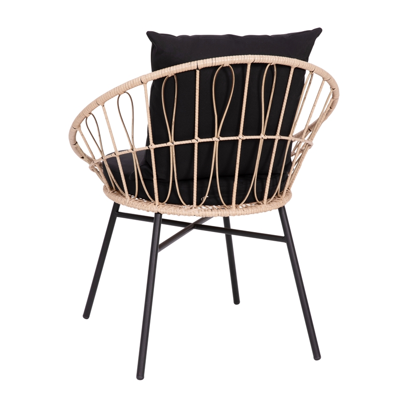 Pemberly Row Rattan Rope Bistro Set with Glass Top Table in Tan/Black