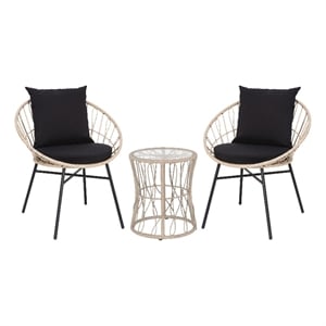 Pemberly Row Rattan Rope Bistro Set with Glass Top Table in Tan/Black