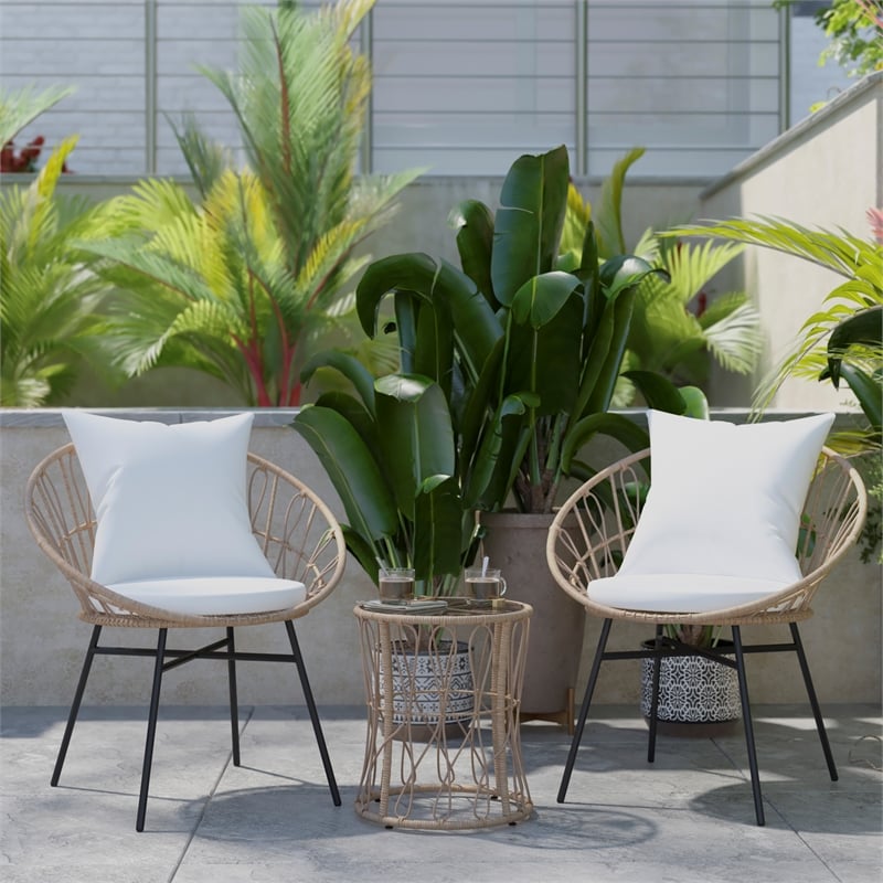 Pemberly Row Rattan Rope Bistro Set with Glass Top Table in Tan/Gray