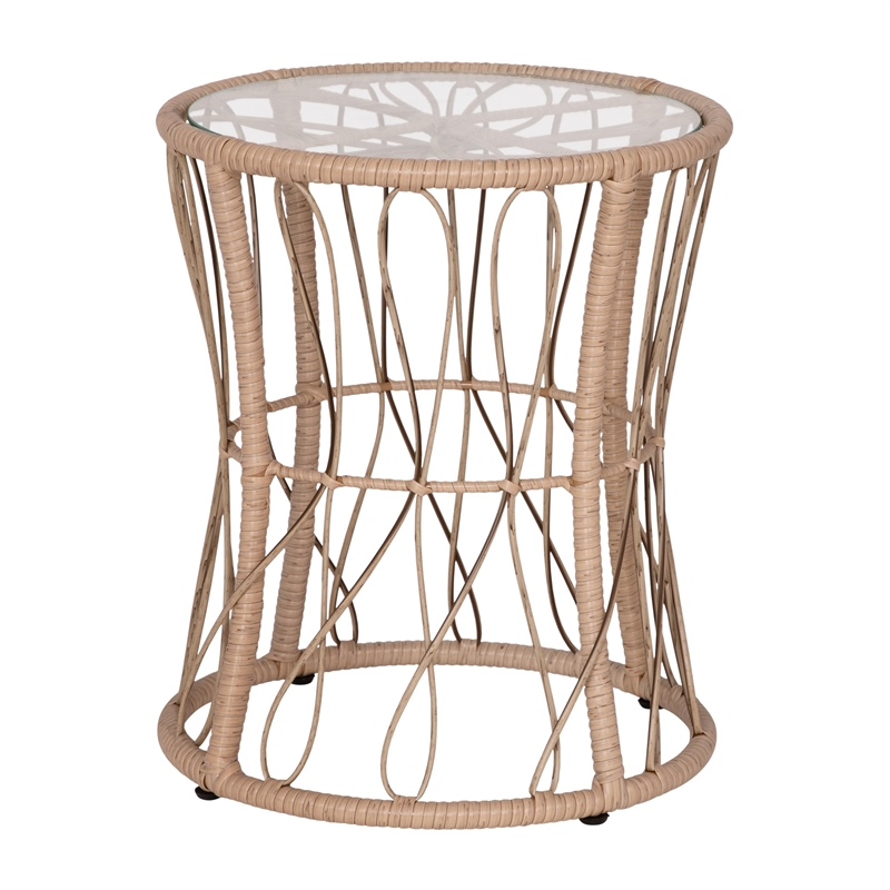 Pemberly Row Rattan Rope Bistro Set with Glass Top Table in Tan/Gray