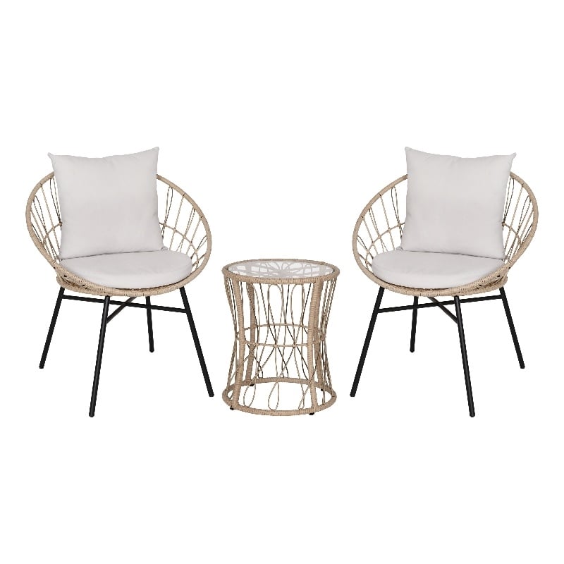Pemberly Row Rattan Rope Bistro Set with Glass Top Table in Tan/Gray