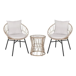 Pemberly Row Rattan Rope Bistro Set with Glass Top Table in Tan/Gray