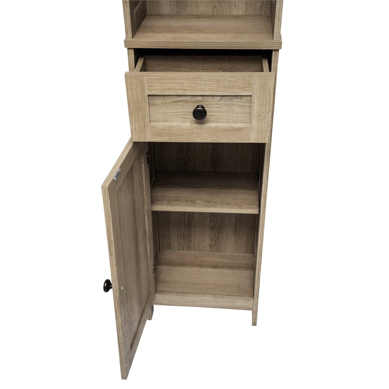 Pemberly Row Freestanding Linen Tower with Shelves Drawer & Doors in Brown