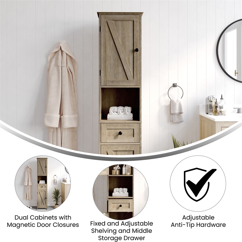 Pemberly Row Freestanding Linen Tower with Shelves Drawer & Doors in Brown