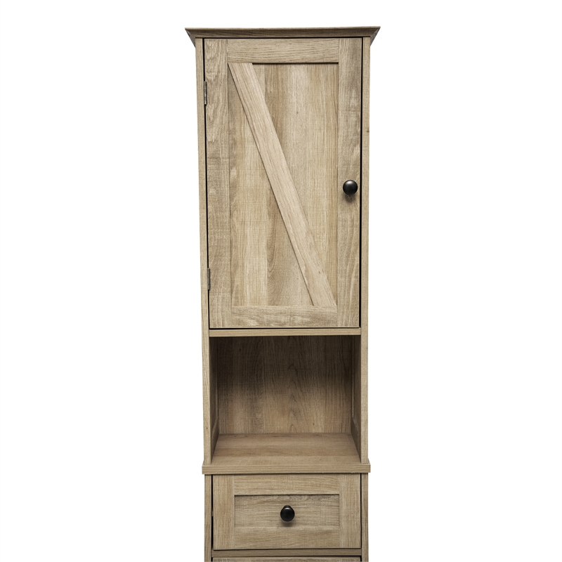 Pemberly Row Freestanding Linen Tower with Shelves Drawer & Doors in Brown