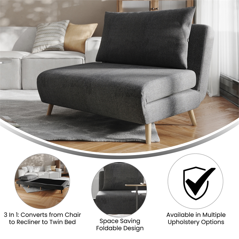 Pemberly Row Convertible Tri-Fold Chair with Pillow & Hideaway Legs in Dark Gray