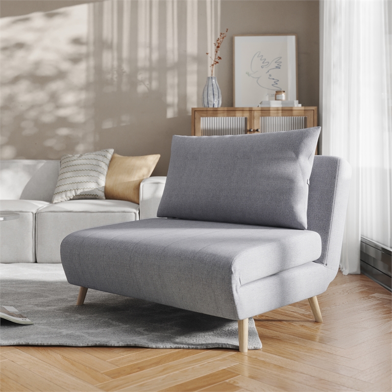 Pemberly Row Convertible Tri-Fold Chair with Pillow & Hideaway Legs - Light Gray