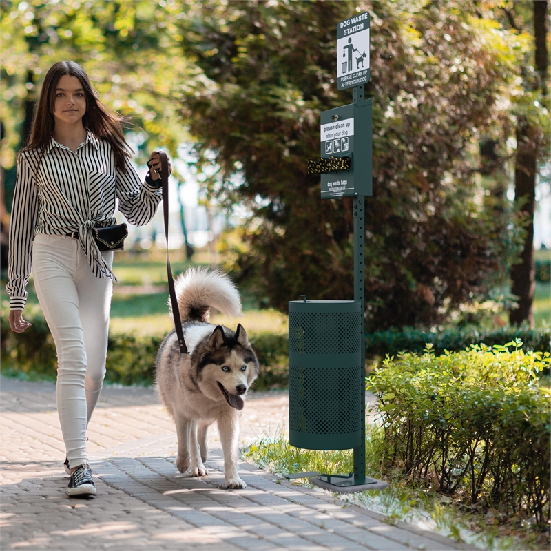 Pemberly Row Pet Waste Station with Pull Out Dispenser and Trash Can in Green