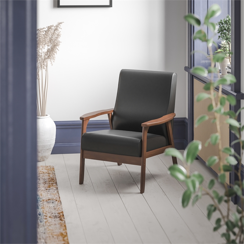 Pemberly Row Mid-Century Modern Arm Chair with Wooden Frame and Arms in Black