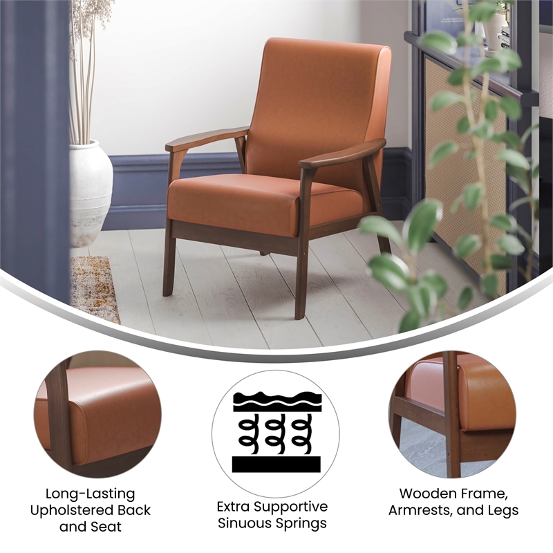 Pemberly Row Mid-Century Modern Arm Chair with Wooden Frame and Arms in Cognac
