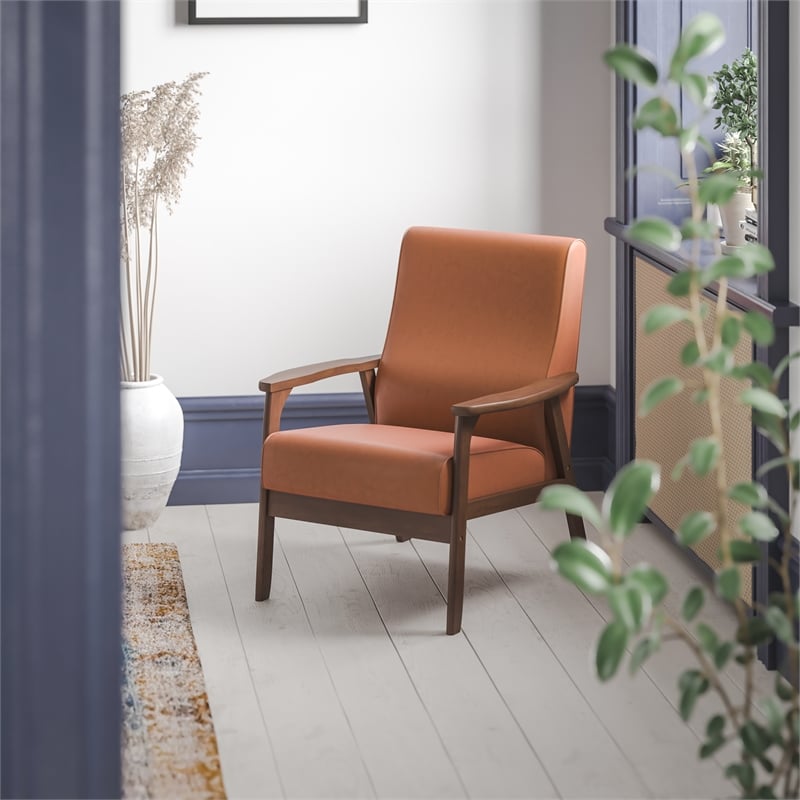 Pemberly Row Mid-Century Modern Arm Chair with Wooden Frame and Arms in Cognac