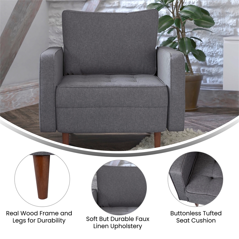 Pemberly Row Compact Upholstered Tufted Chair with Wooden Legs in Dark Gray