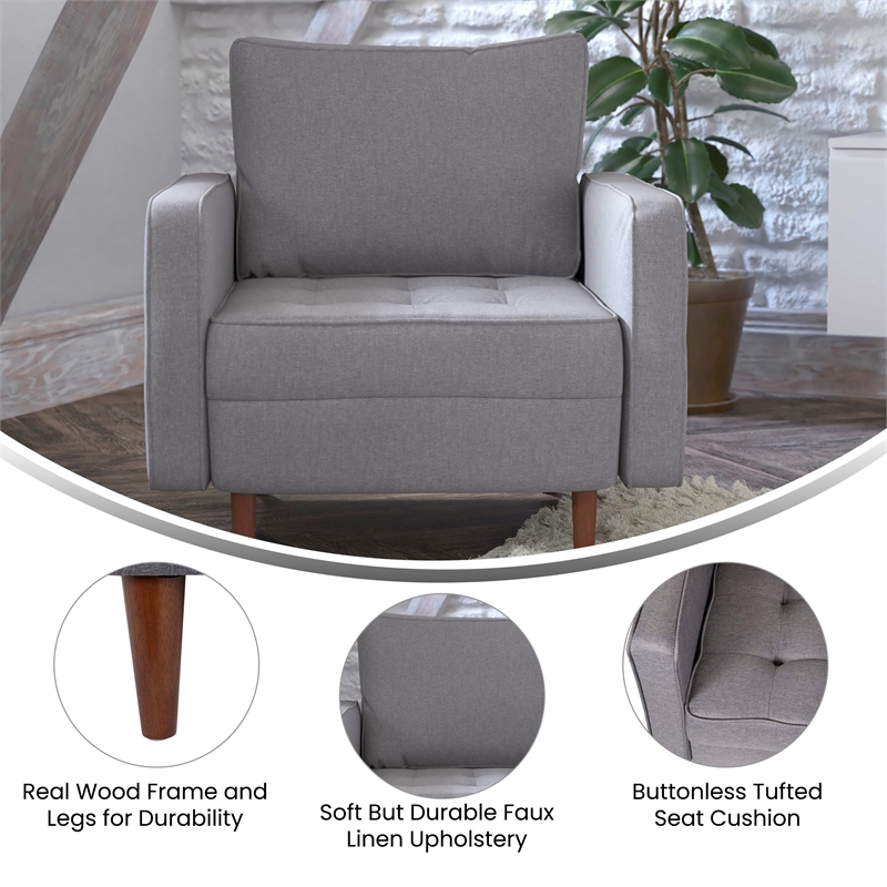 Pemberly Row Compact Upholstered Tufted Chair with Wooden Legs in Slate Gray