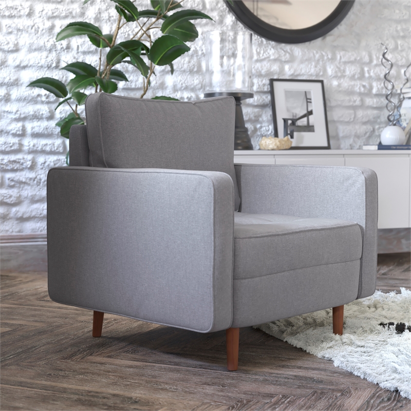 Pemberly Row Compact Upholstered Tufted Chair with Wooden Legs in Slate Gray