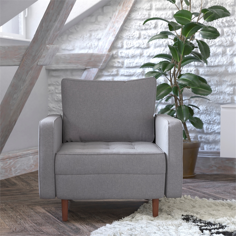 Pemberly Row Compact Upholstered Tufted Chair with Wooden Legs in Slate Gray