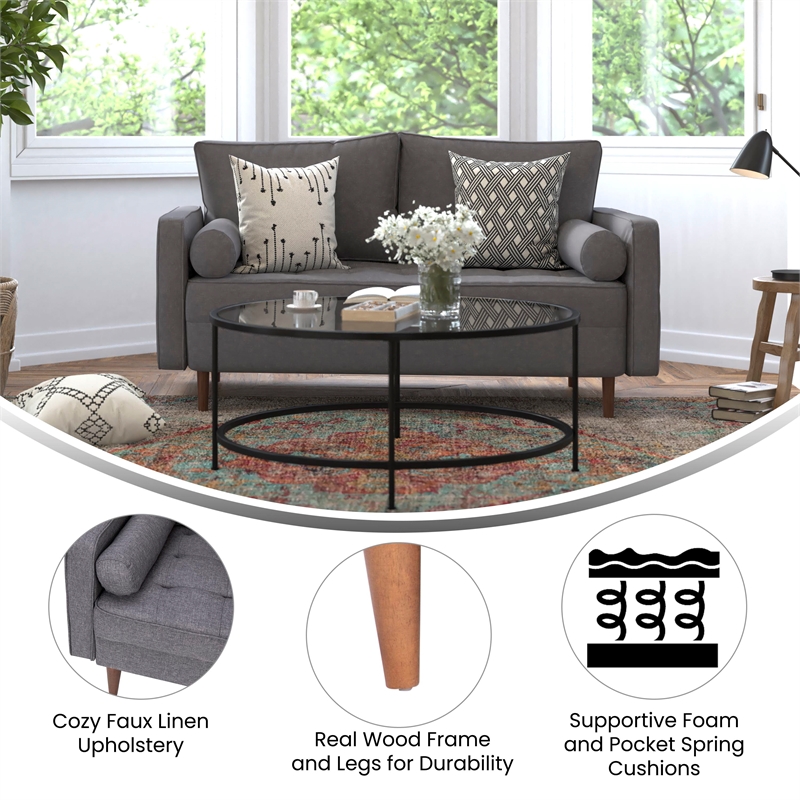 Pemberly Row Compact Upholstered Tufted Loveseat with Wooden Legs in Dark Gray