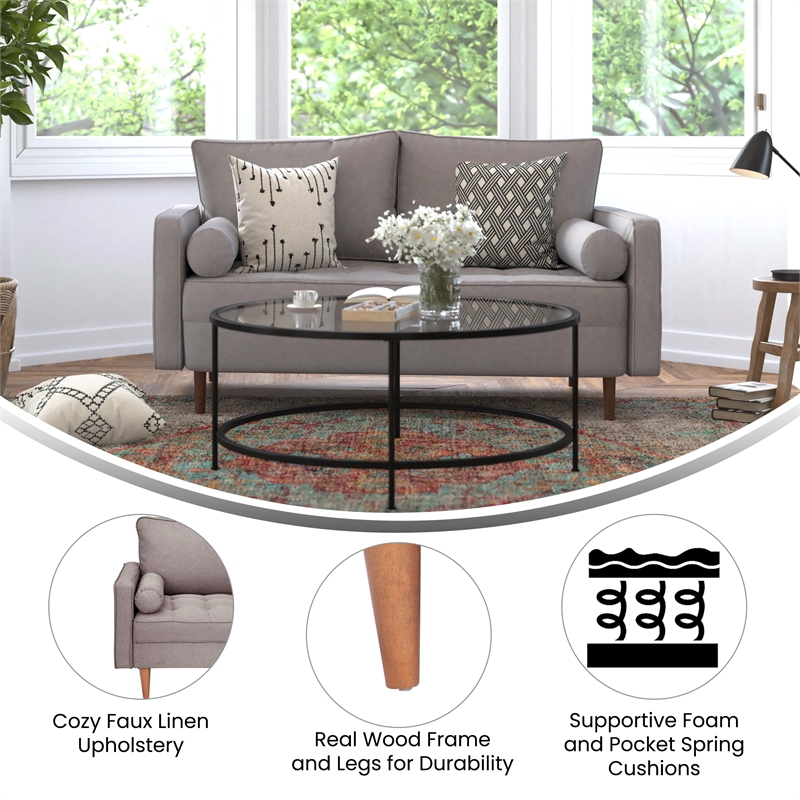 Pemberly Row Compact Upholstered Tufted Loveseat with Wooden Legs in Slate Gray