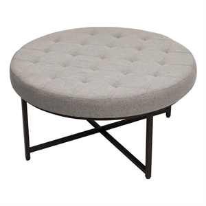 Pemberly Row Round Cotton Linen Tufted Ottoman with Black Metal Frame in Gray