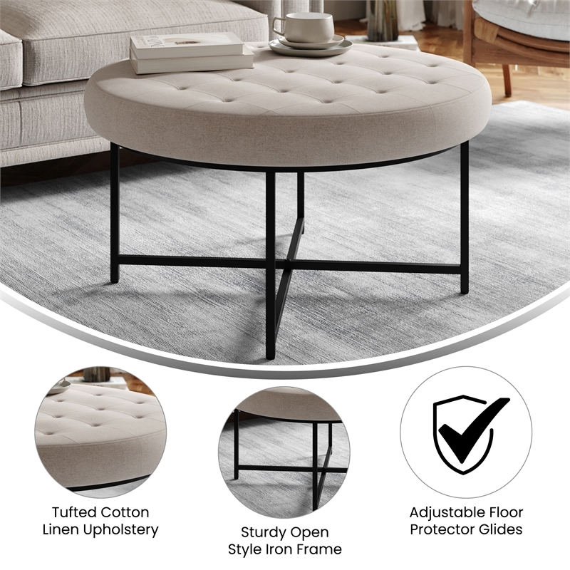 Pemberly Row Round Cotton Linen Tufted Ottoman with Black Metal Frame in Gray