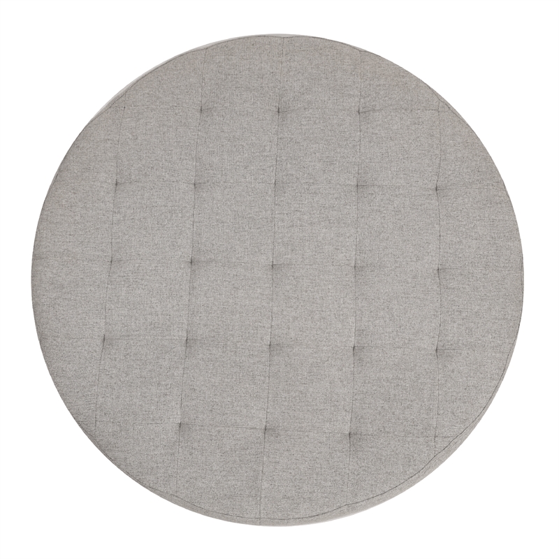 Pemberly Row Round Cotton Linen Tufted Ottoman with Black Metal Frame in Gray