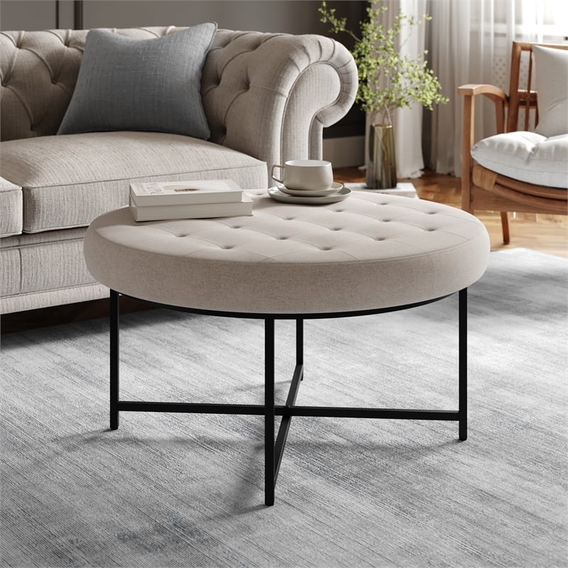 Pemberly Row Round Cotton Linen Tufted Ottoman with Black Metal Frame in Gray