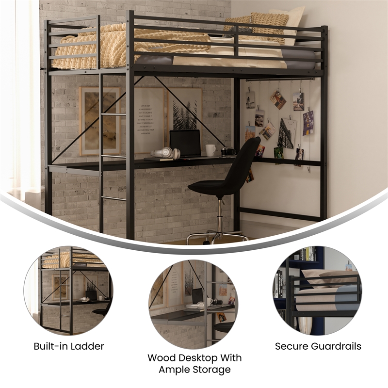 Pemberly Row Metal Twin Loft Bed Frame with Desk and Safety Rails in Black