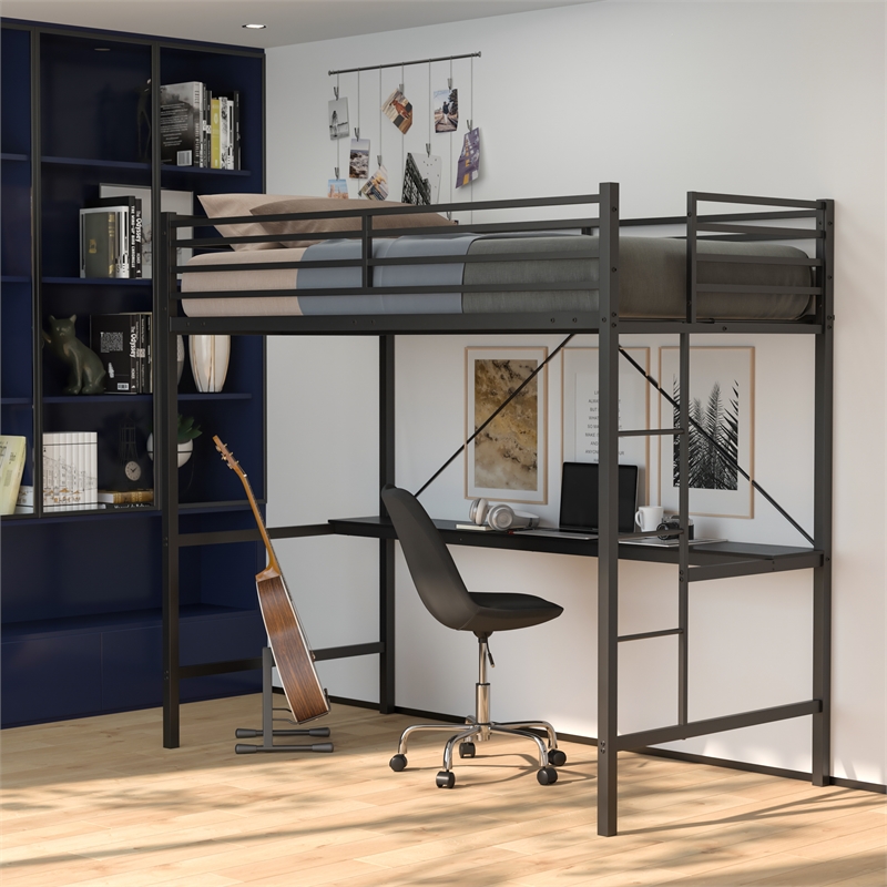 Pemberly Row Metal Twin Loft Bed Frame with Desk and Safety Rails in Black