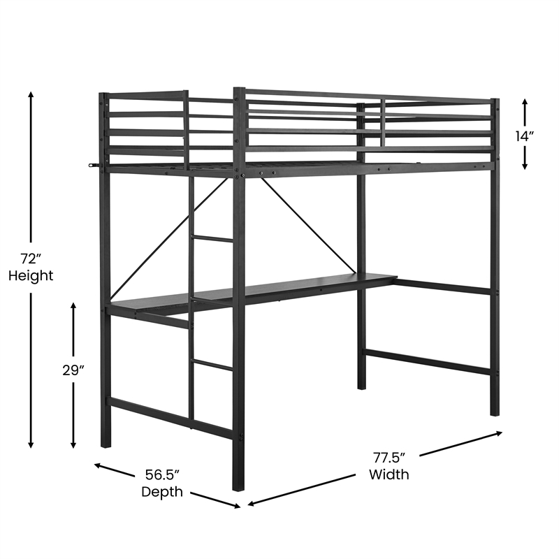 Pemberly Row Metal Twin Loft Bed Frame with Desk and Safety Rails in Black