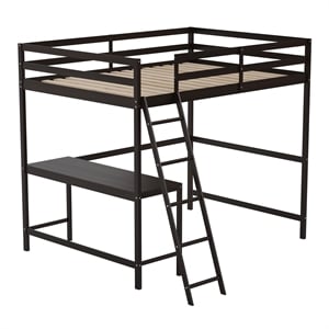 Pemberly Row Full Wood Slat Loft Bed with Integrated Desk and Ladder in Espresso
