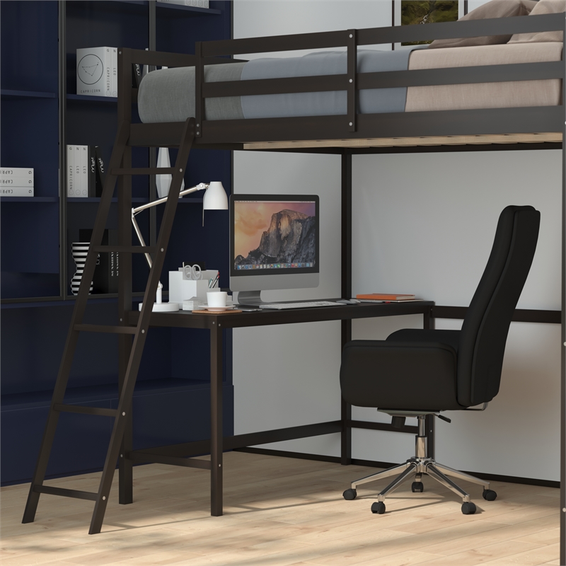 Pemberly Row Full Wood Slat Loft Bed with Integrated Desk and Ladder in Espresso