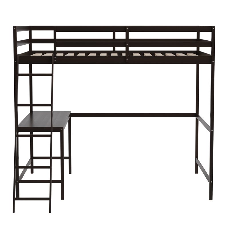 Pemberly Row Full Wood Slat Loft Bed with Integrated Desk and Ladder in Espresso