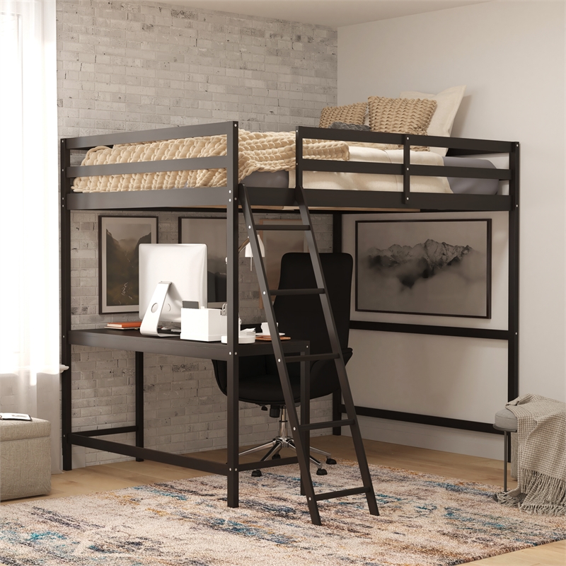 Pemberly Row Full Wood Slat Loft Bed with Integrated Desk and Ladder in Espresso