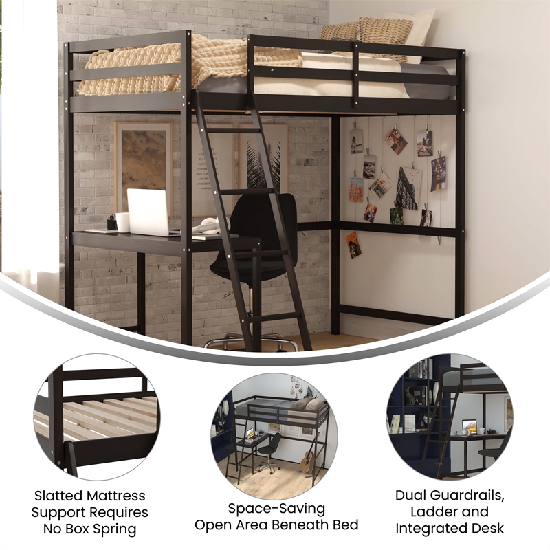 Pemberly Row Twin Wood Slat Loft Bed with Integrated Desk and Ladder in Espresso
