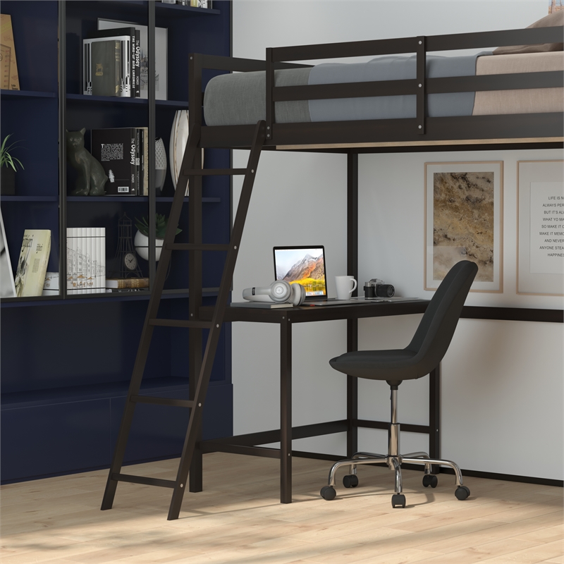 Pemberly Row Twin Wood Slat Loft Bed with Integrated Desk and Ladder in Espresso