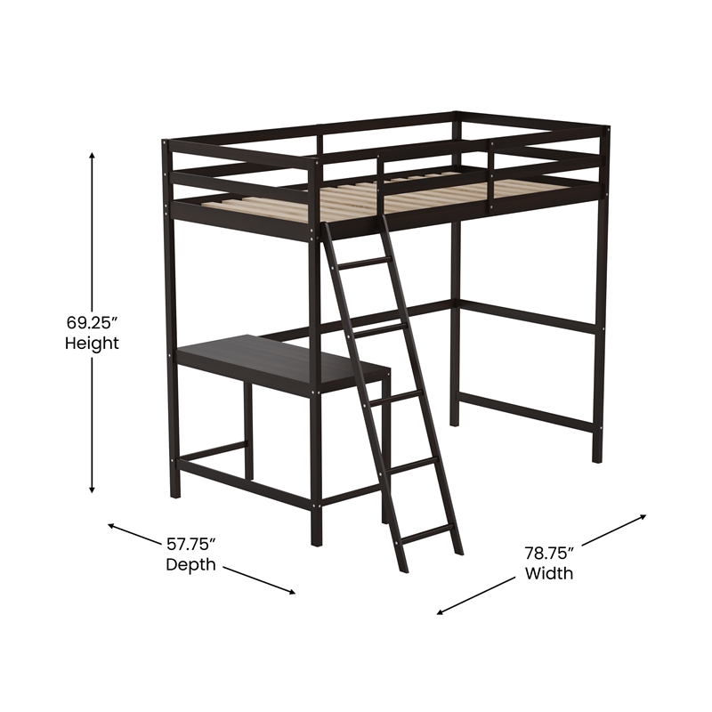 Pemberly Row Twin Wood Slat Loft Bed with Integrated Desk and Ladder in Espresso