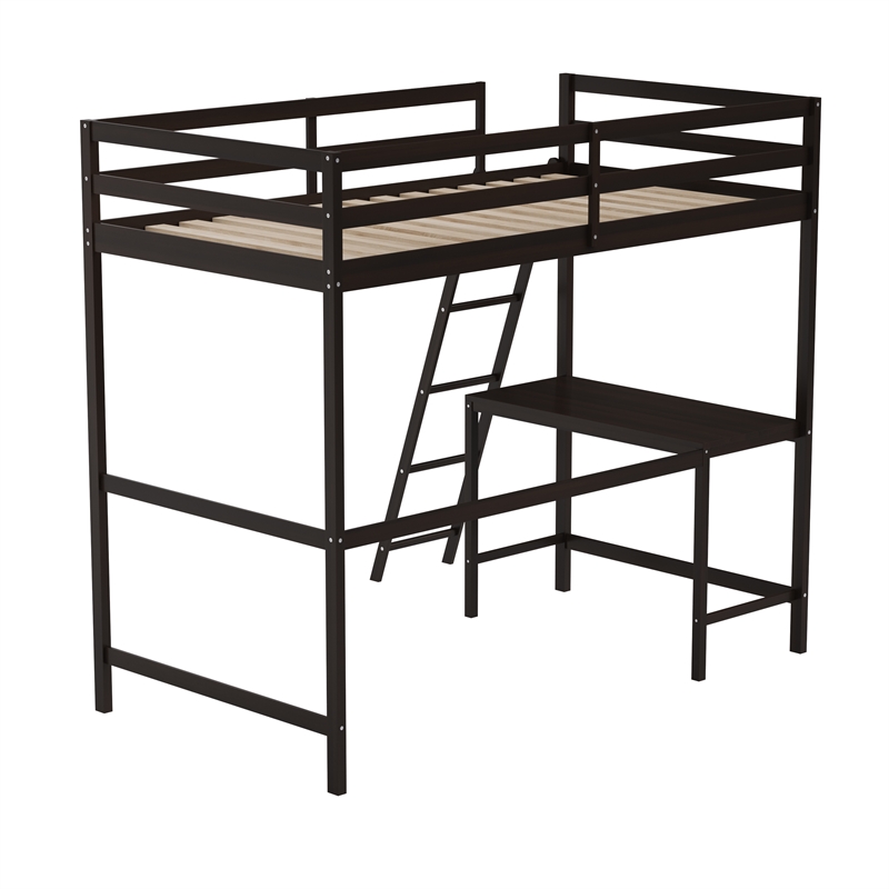 Pemberly Row Twin Wood Slat Loft Bed with Integrated Desk and Ladder in Espresso