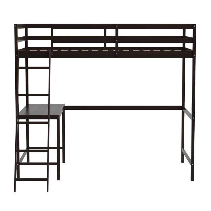 Pemberly Row Twin Wood Slat Loft Bed with Integrated Desk and Ladder in Espresso