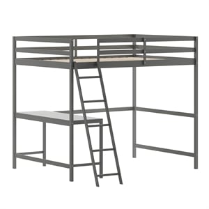 Pemberly Row Full Wood Slat Loft Bed with Integrated Desk & Ladder in Light Gray