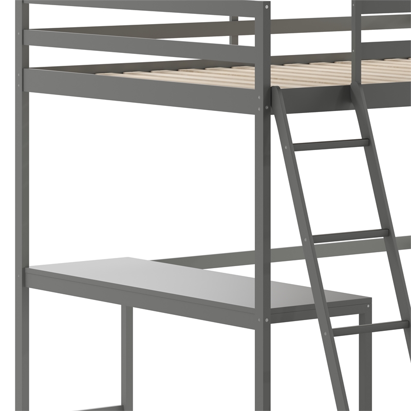 Pemberly Row Full Wood Slat Loft Bed with Integrated Desk & Ladder in Light Gray