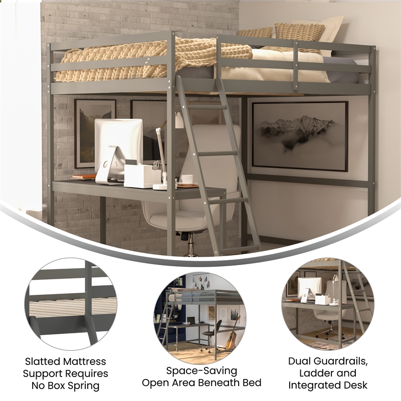 Pemberly Row Full Wood Slat Loft Bed with Integrated Desk & Ladder in Light Gray
