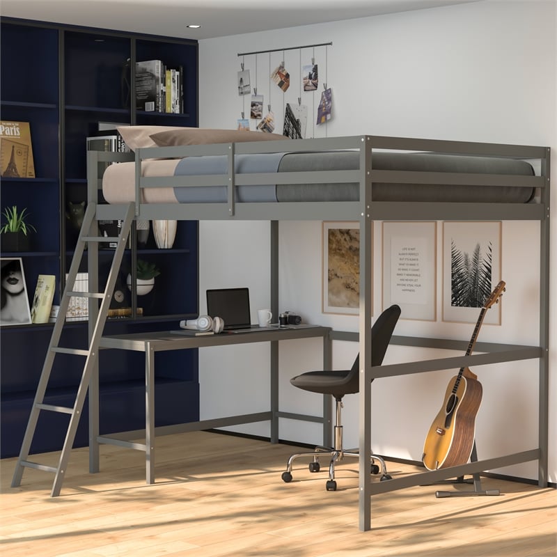 Pemberly Row Full Wood Slat Loft Bed with Integrated Desk & Ladder in Light Gray