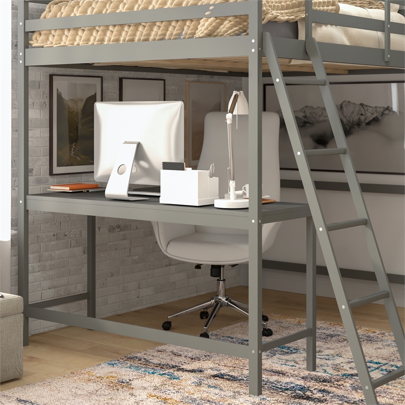 Pemberly Row Full Wood Slat Loft Bed with Integrated Desk & Ladder in Light Gray
