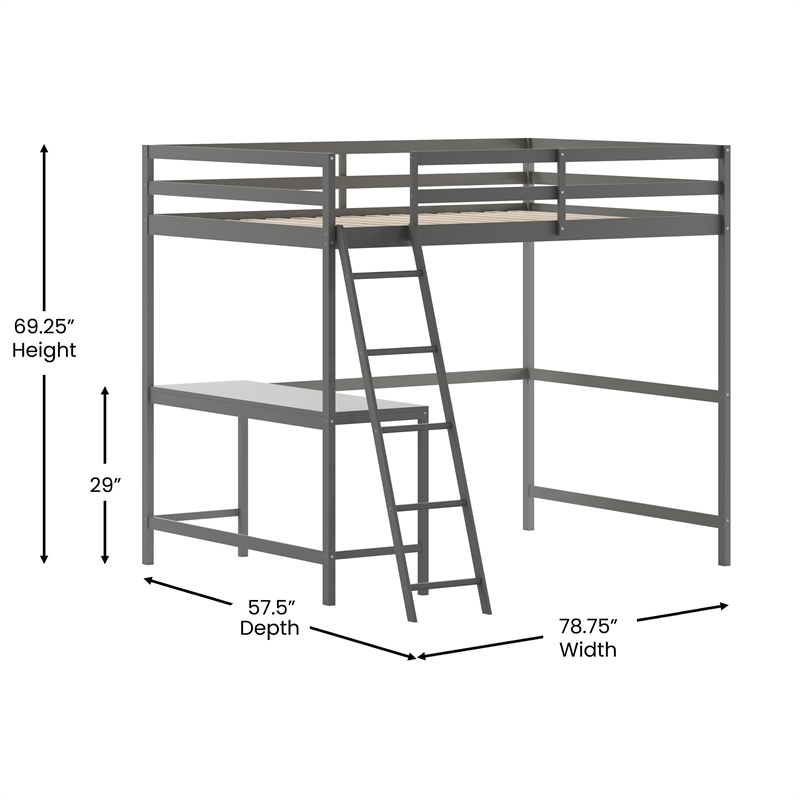 Pemberly Row Full Wood Slat Loft Bed with Integrated Desk & Ladder in Light Gray