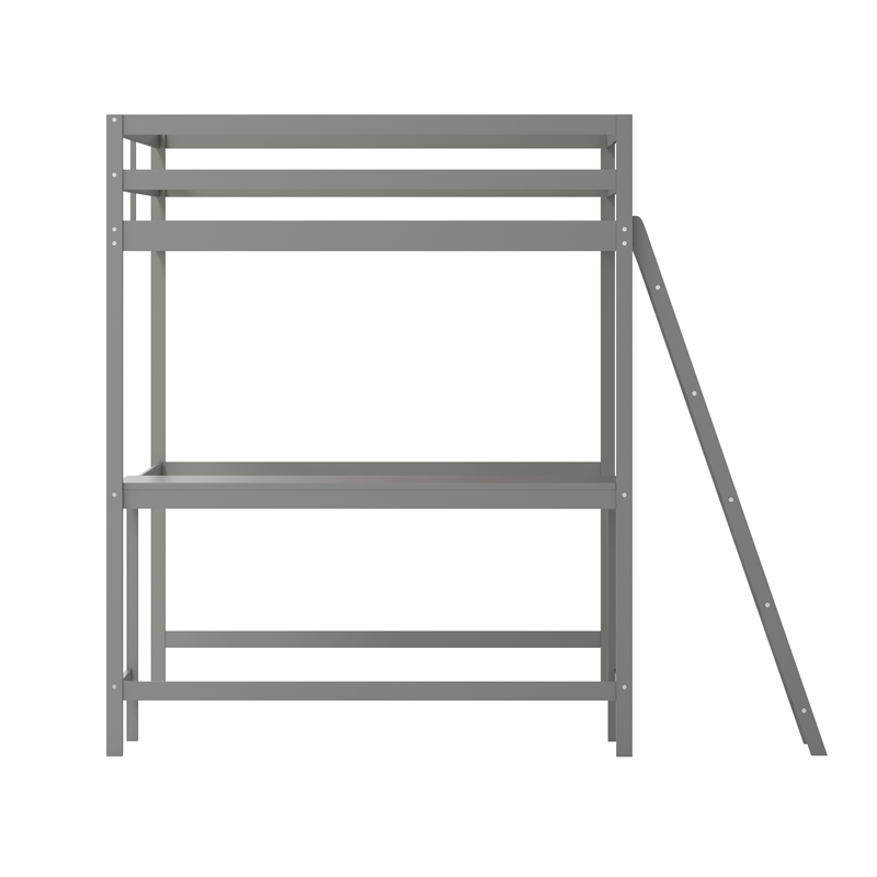 Pemberly Row Full Wood Slat Loft Bed with Integrated Desk & Ladder in Light Gray