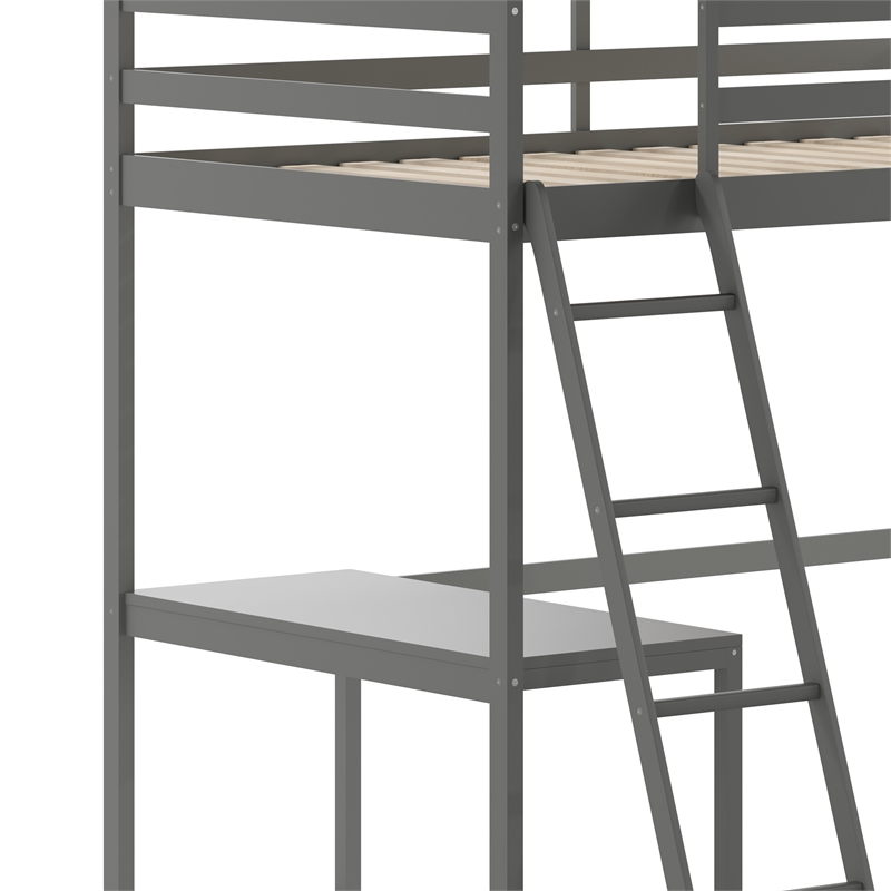 Pemberly Row Twin Wood Slat Loft Bed with Integrated Desk & Ladder in Light Gray